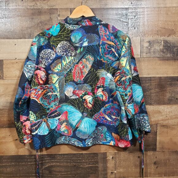 Vintage Chico's silk butterfly print open front blouse w tie accent sleeves sz M - Picture 3 of 10
